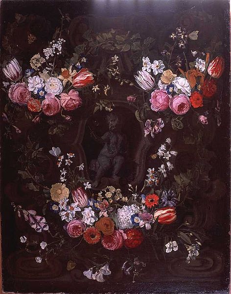 Garland of flowers surrounding cherub in grisaille